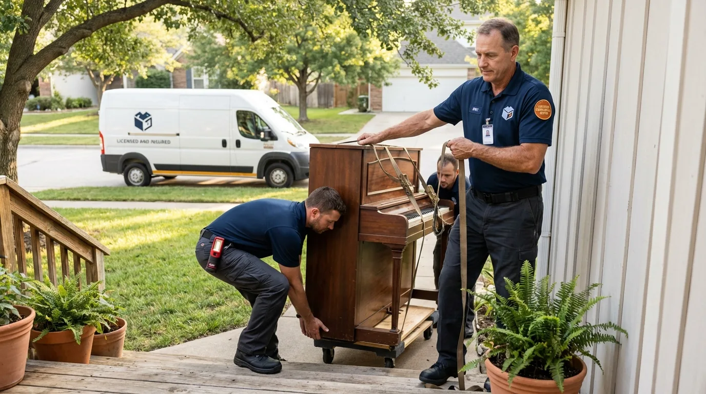 Licensed piano movers securing grand piano in Saint Pauls, NC