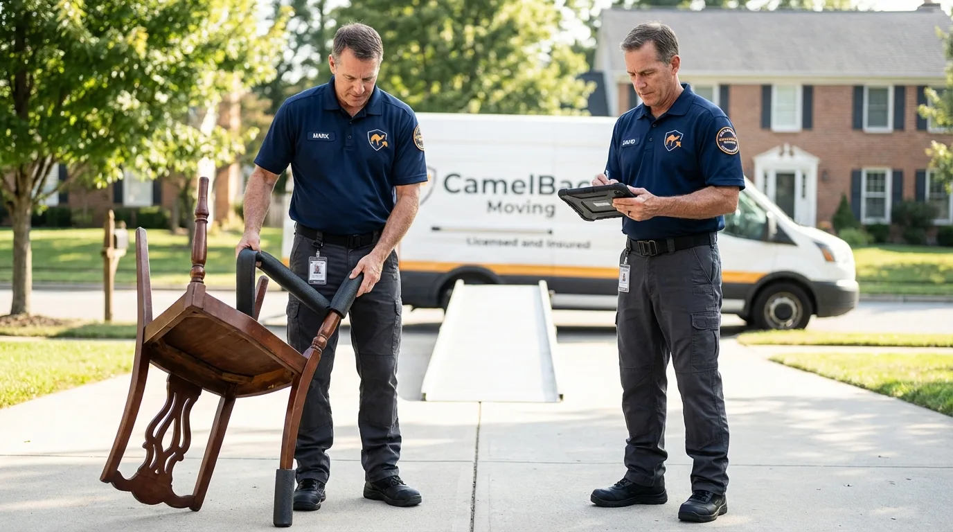 Movers inspecting furniture for damage prevention before loading in Saint Pauls, NC