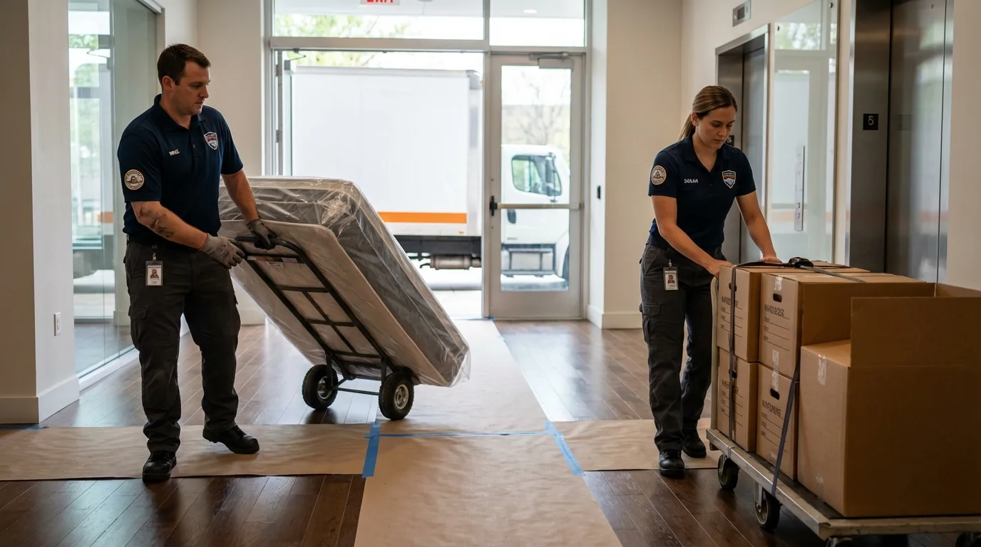 Professional apartment movers loading elevator in Saint Pauls, NC