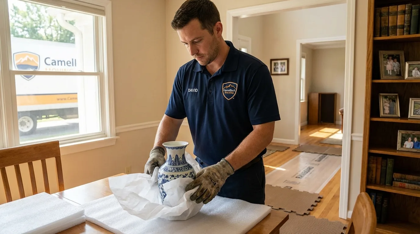 Professional crew carefully wrapping antique vase for senior downsizing move in Saint Pauls, NC